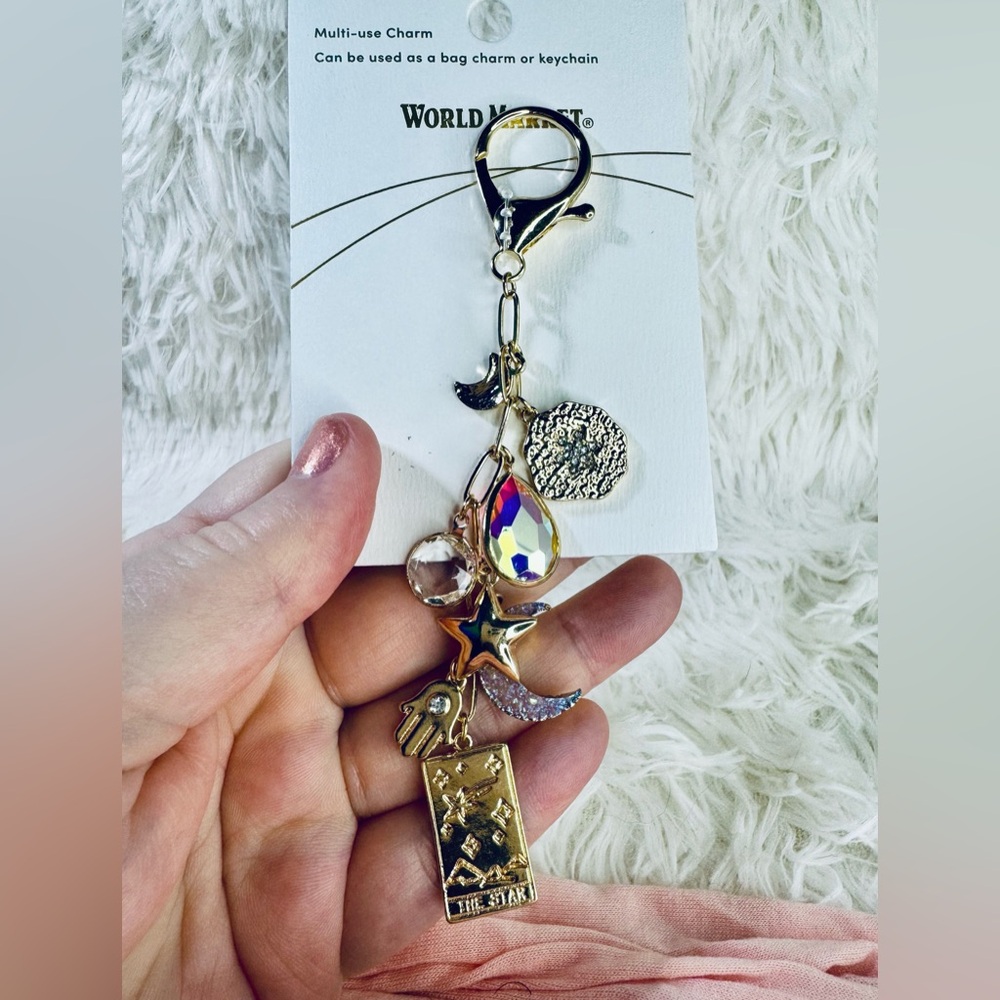 World Market Gold Tone with Crystal Tarot Card Moon Multiple use Charm Bag & Key